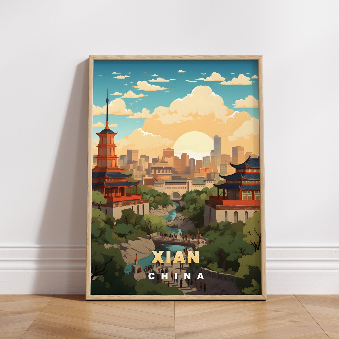 Xian China Ancient City Walls Pagoda Gates Sunset Travel Poster