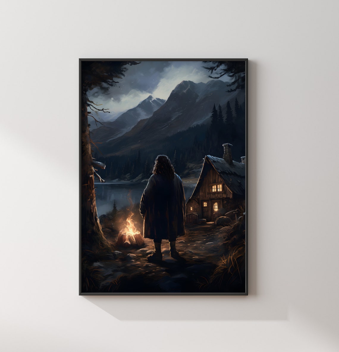 Hagrid's Hut at Night Campfire Mountain Lake Wizard Art Poster - Image 2
