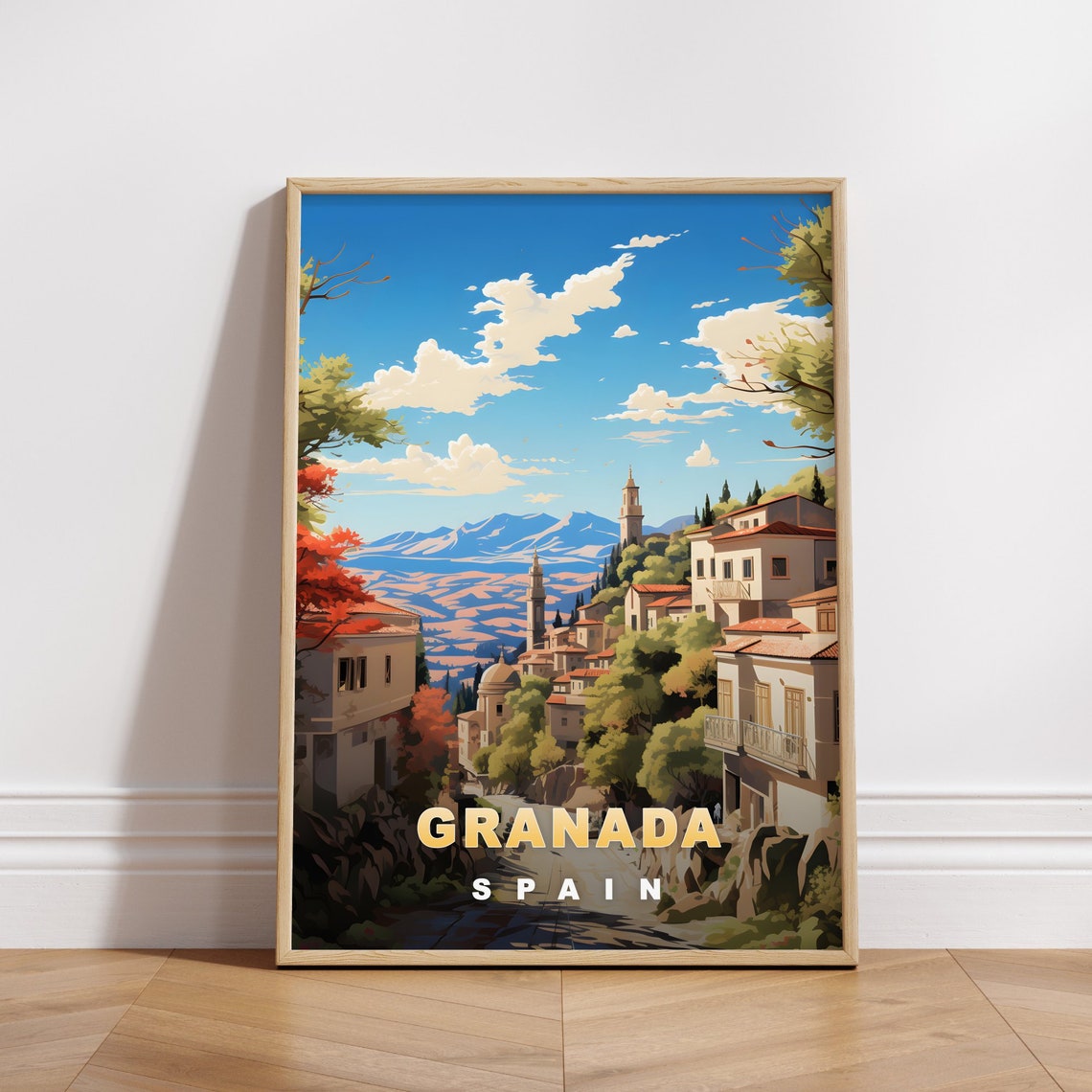 Granada Spain Retro Travel Poster Hillside Town Mountain View