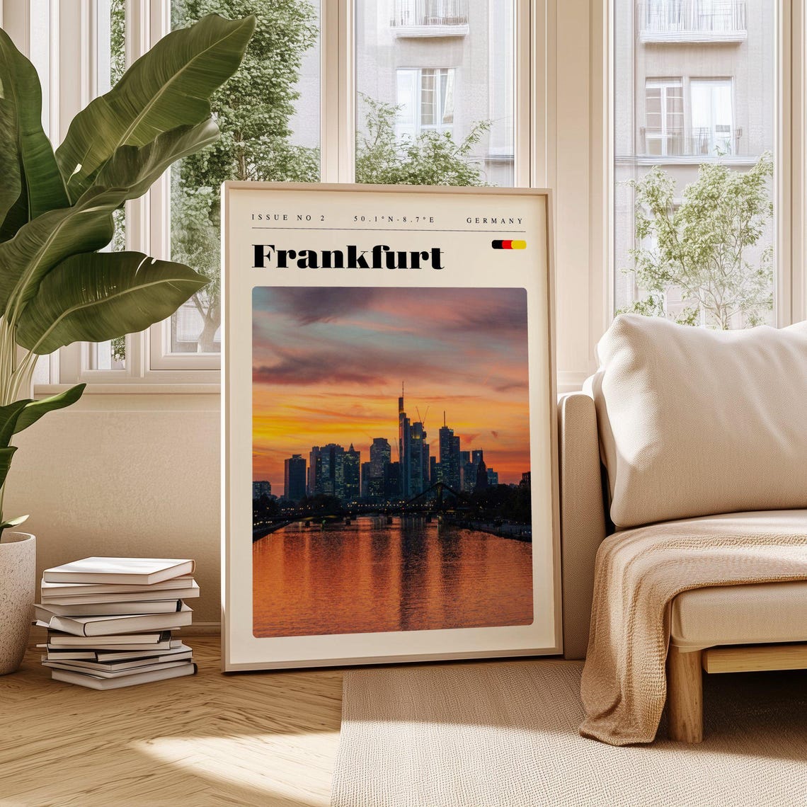 Frankfurt Germany Skyline Sunset Reflection on the River Travel Poster