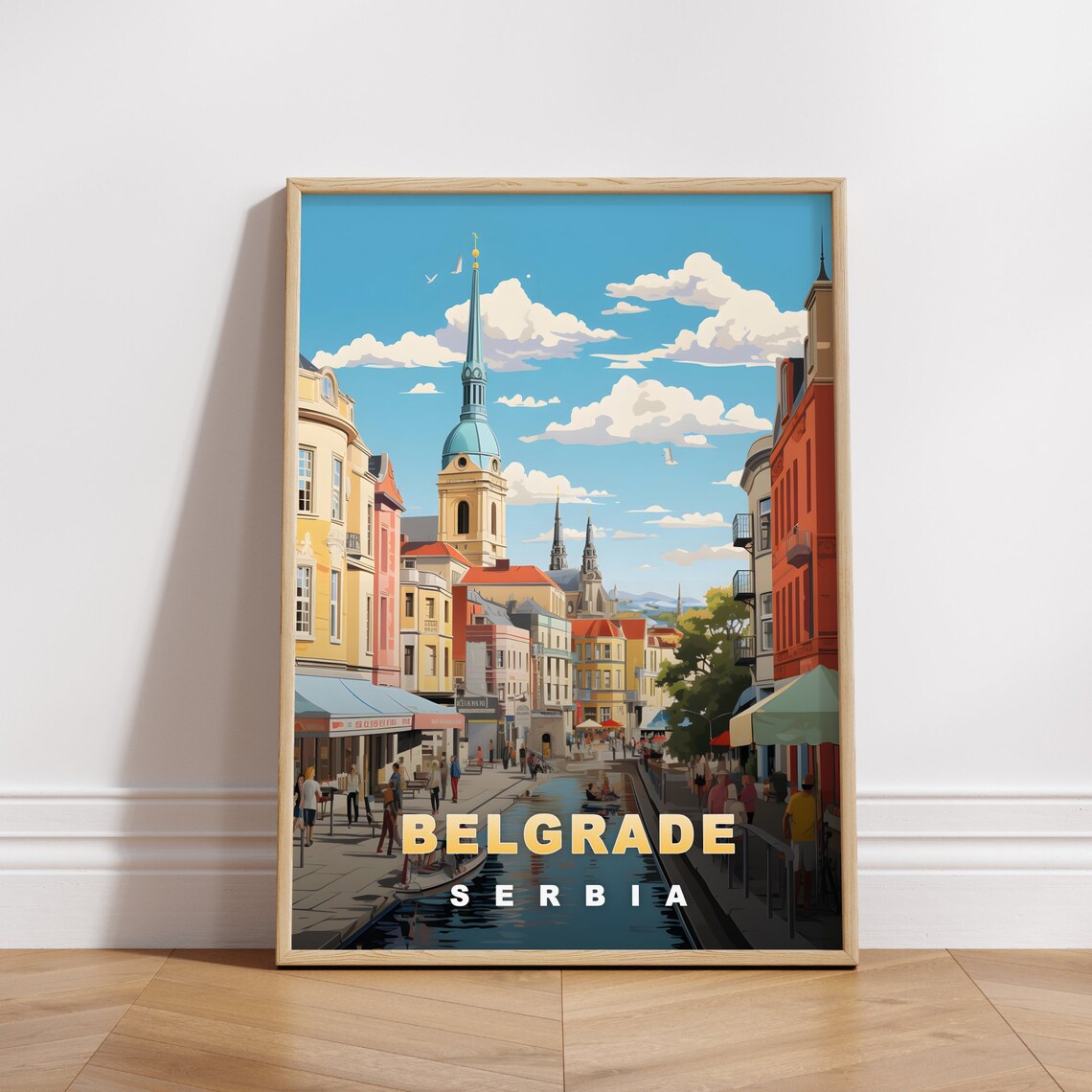 Belgrade Serbia Canal Street Blue Church Spire Daytime Travel Poster