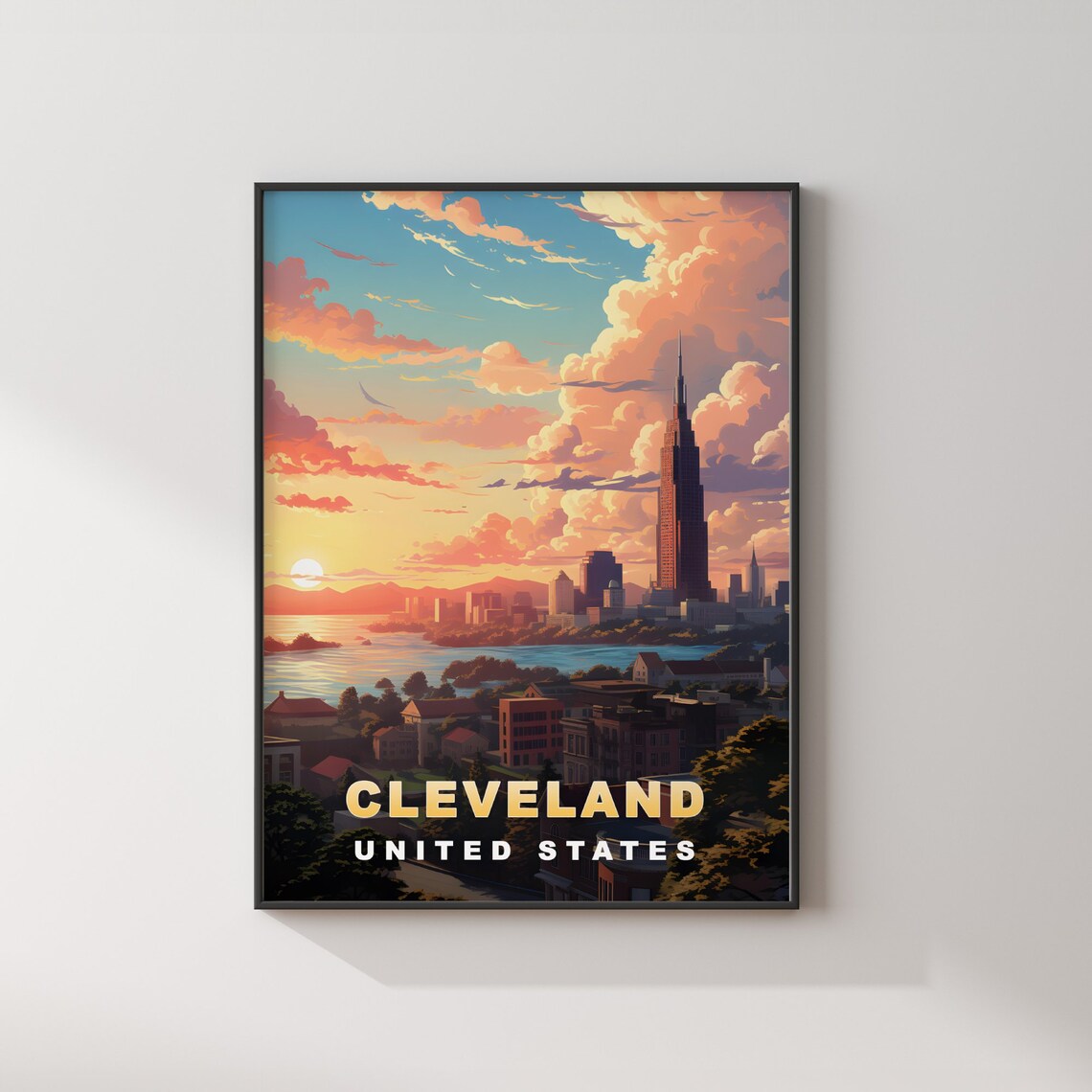 Cleveland Skyline Lake Erie Sunset Tall Tower Vintage Travel Poster - Image 2