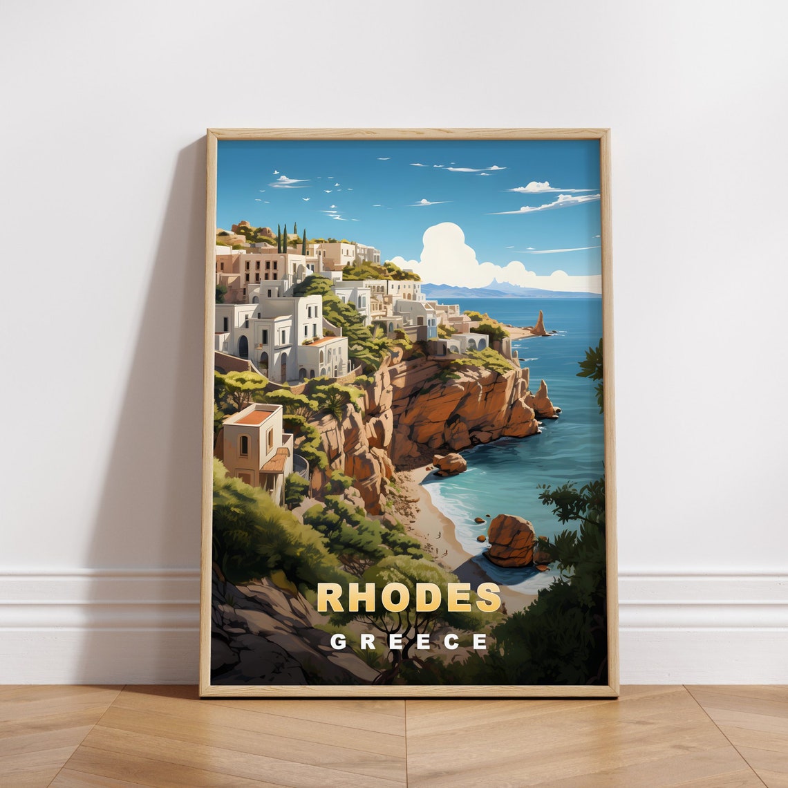 Rhodes Greece Whitewashed Cliffside Coast Turquoise Sea Poster