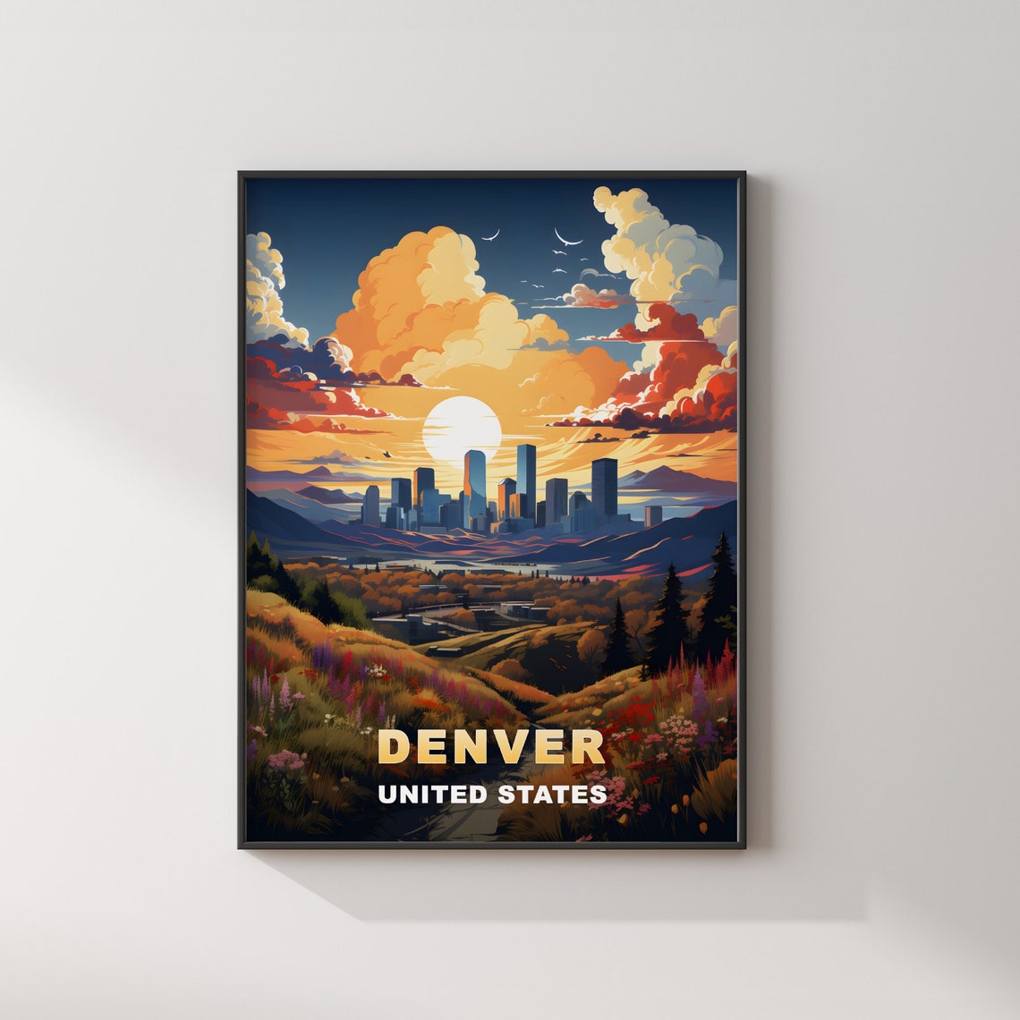 Denver Skyline Mountain Sunset Wildflower Meadow Travel Poster - Image 2