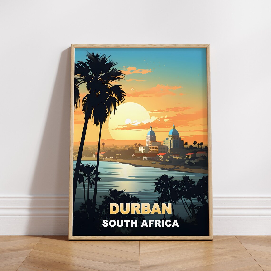 Durban South Africa Bay City Sunset Palm Tree Scene Travel Poster