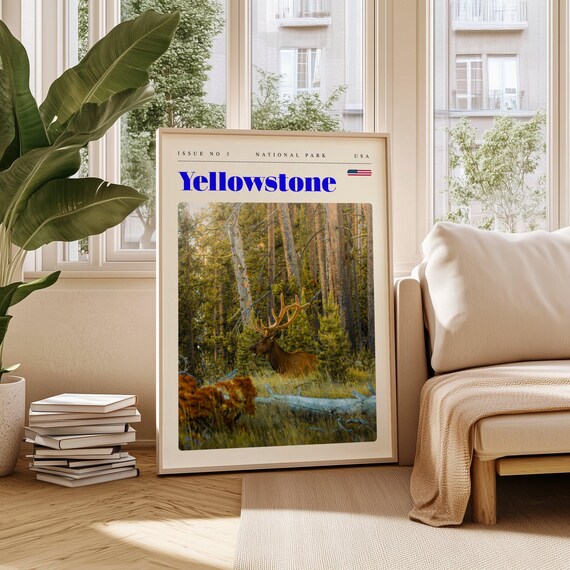 Yellowstone National Park Bull Elk Forest Wildlife Travel Poster