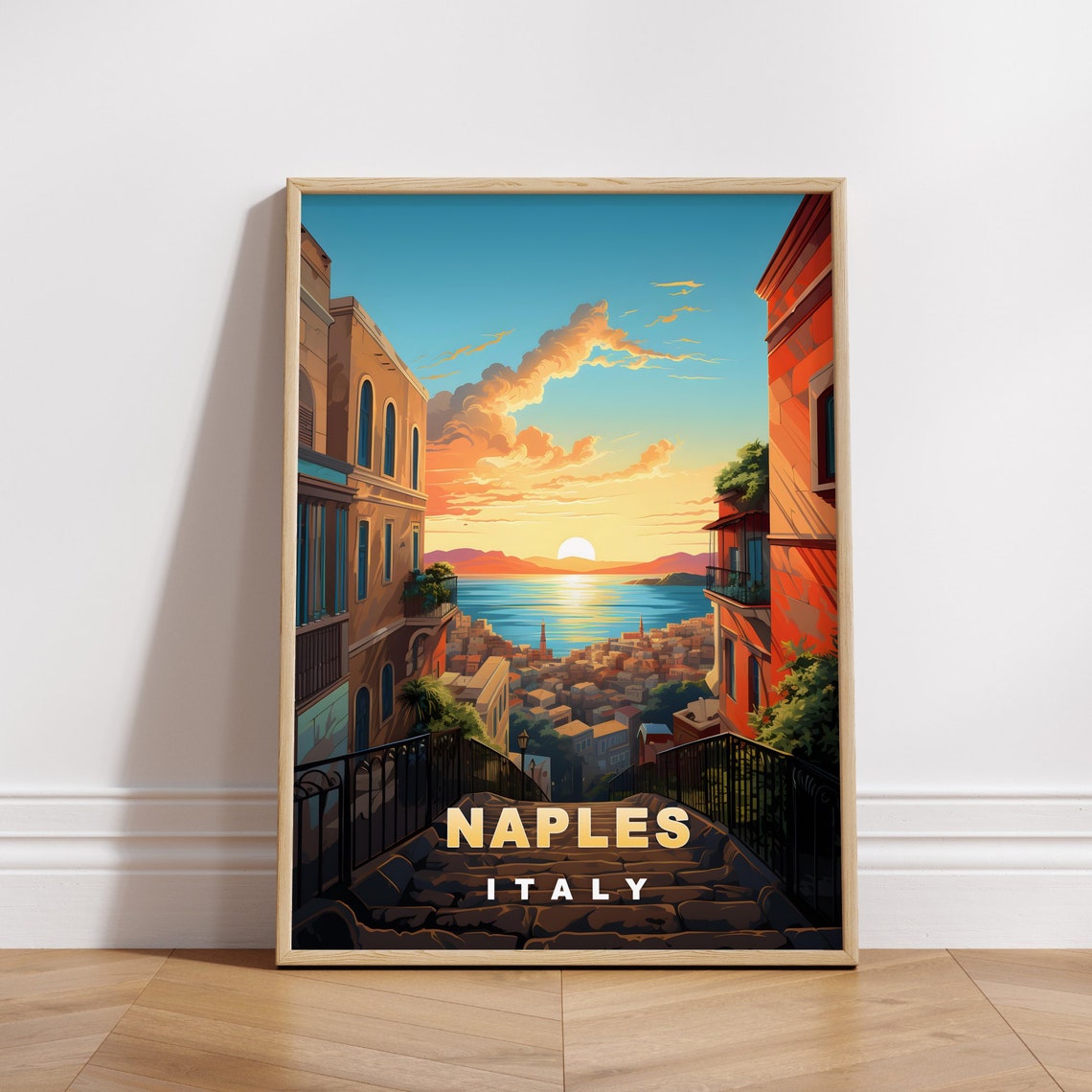 Naples Italy Retro Travel Poster Sunset Bay Stone Staircase View