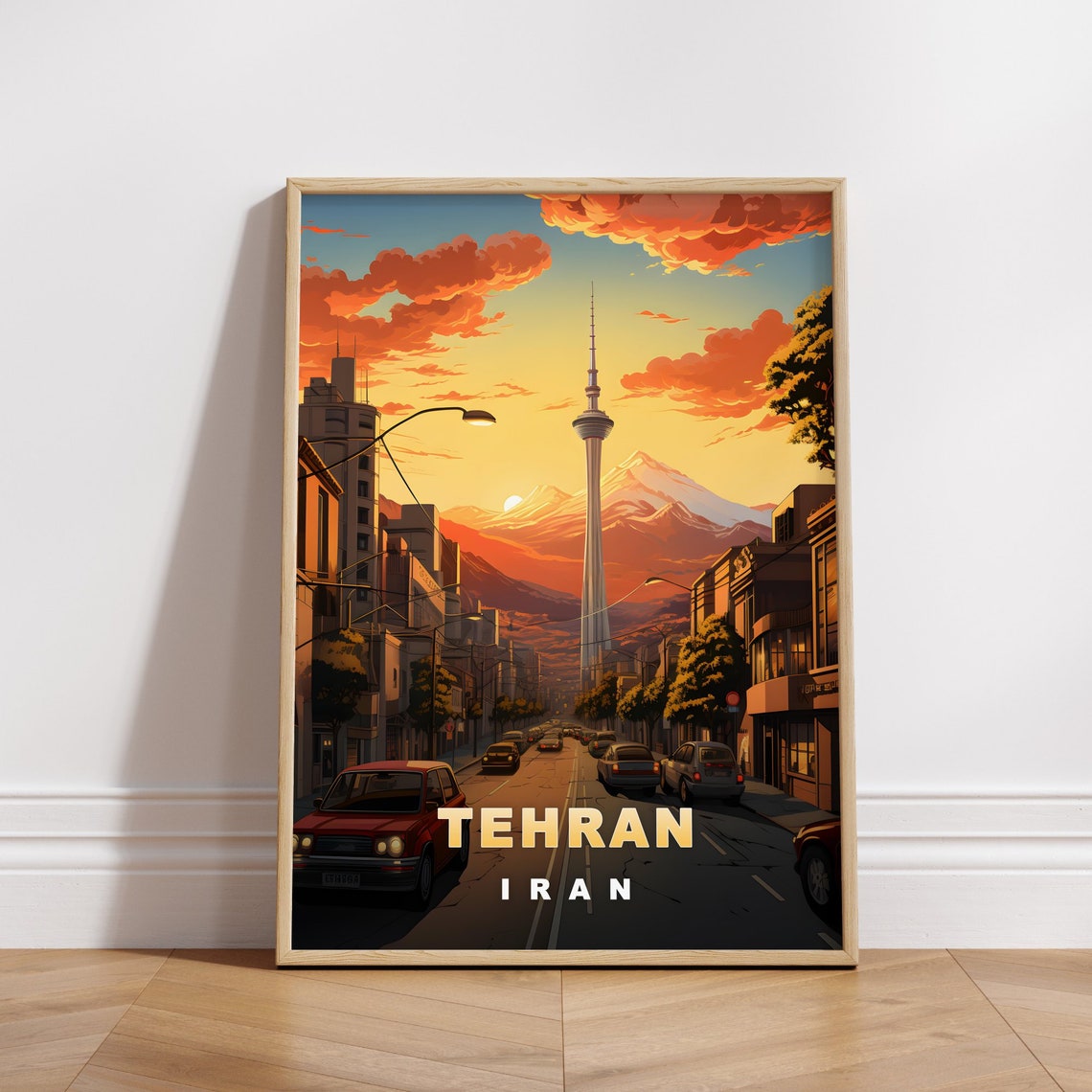Tehran Iran Sunset Street with Milad Tower Retro Travel Poster