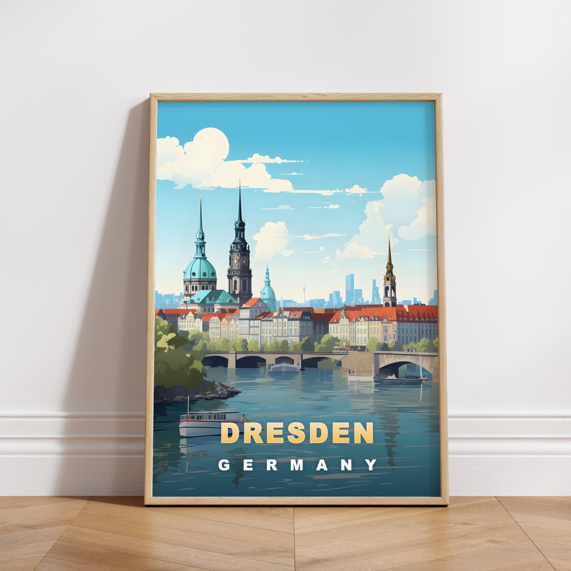 Dresden Germany Retro Travel Poster Elbe River Bridges Skyline View