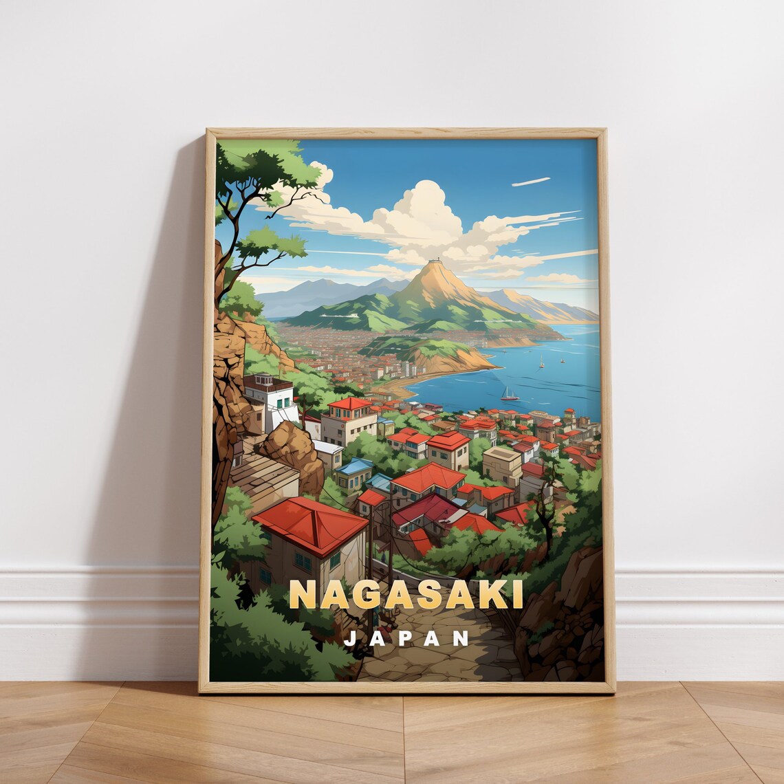 Nagasaki Japan Coastal Hillside Town Bay Retro Travel Poster
