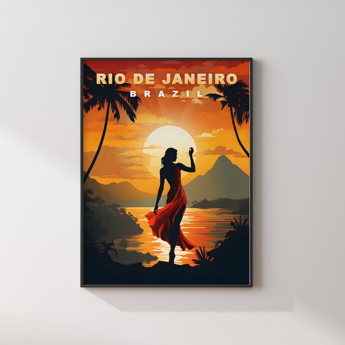 Rio de Janeiro Brazil Red Dress Sunset Bay Silhouette Travel Poster - Image 2