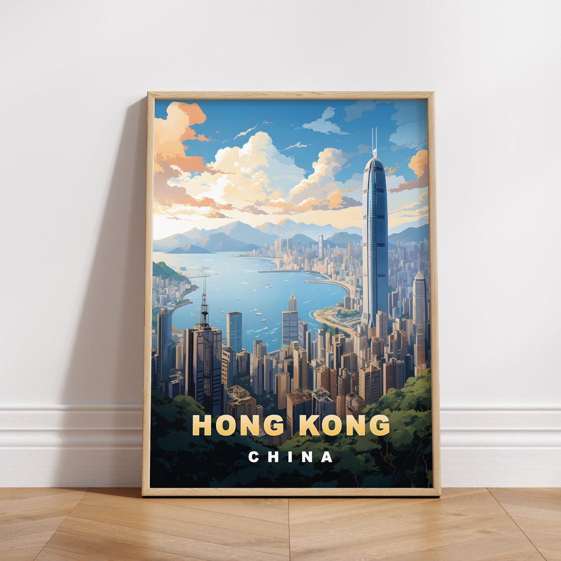Hong Kong China Skyline Victoria Harbour Retro Travel Poster