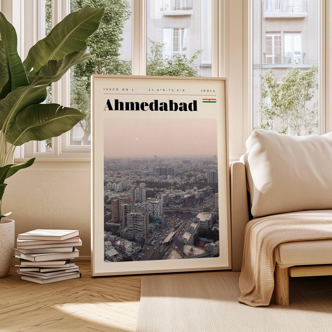 Ahmedabad India Aerial Skyline at Sunset Modern Travel Poster