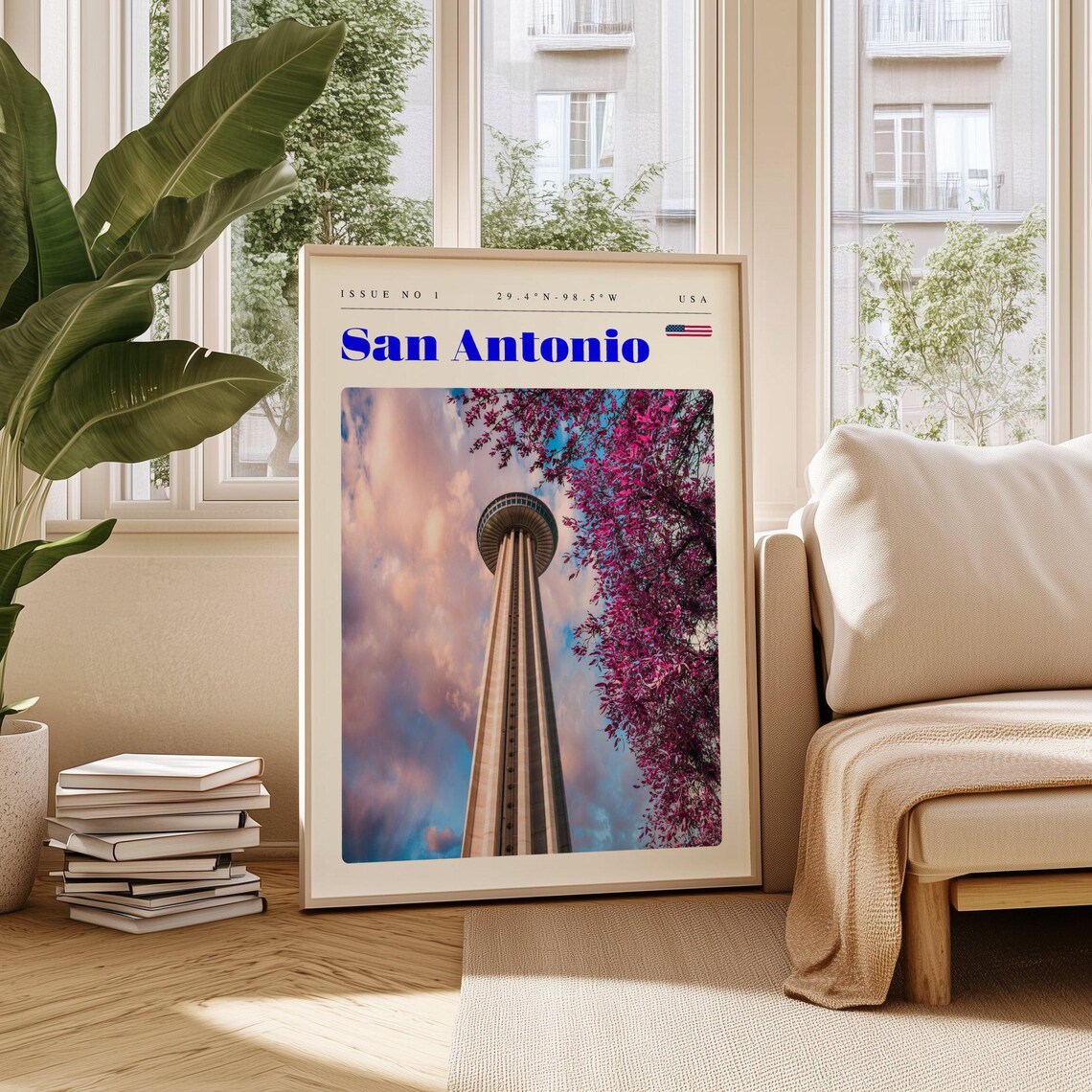 San Antonio USA Tower of the Americas Pink Blossoms Travel Poster