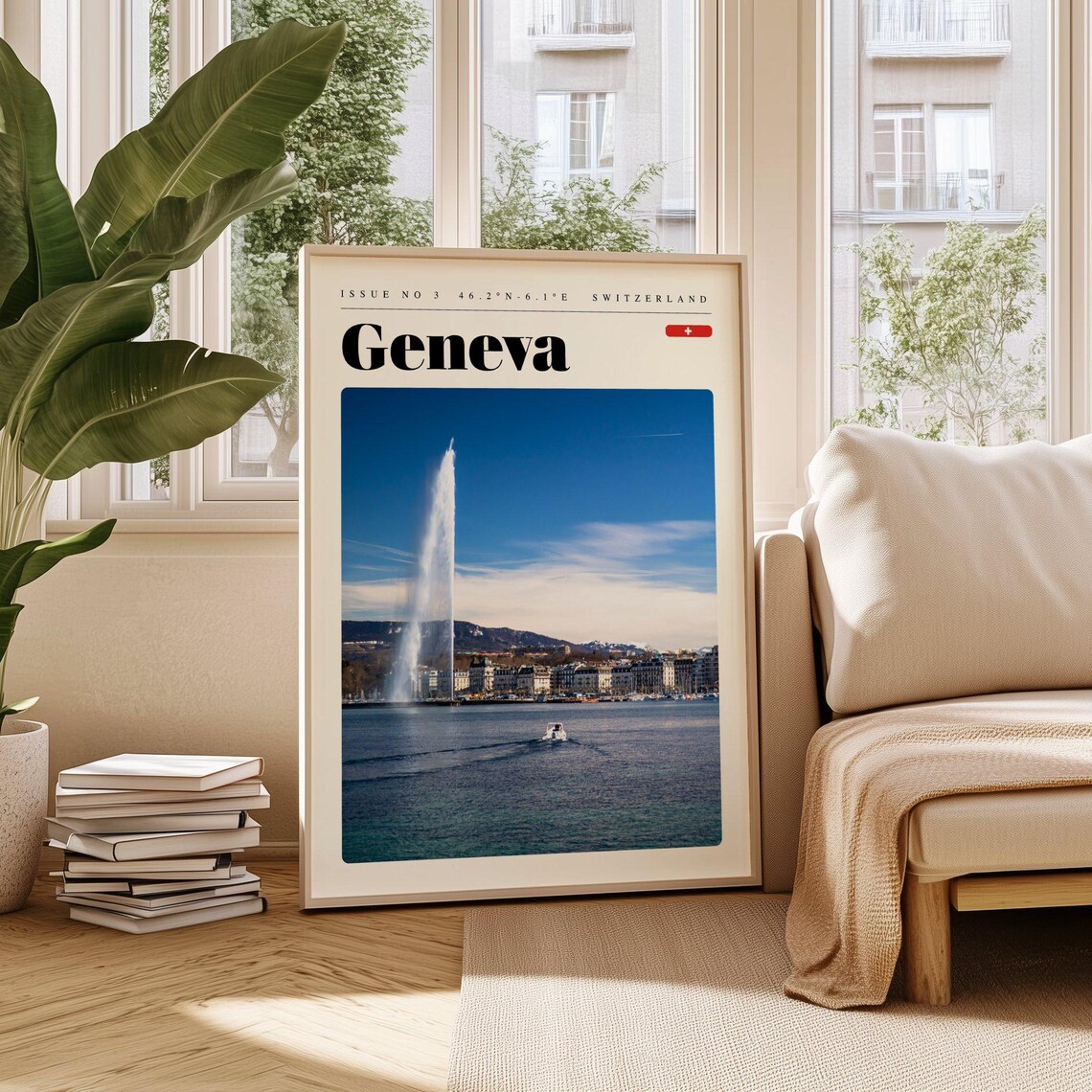 Geneva Switzerland Jet d'Eau Fountain Lake Waterfront Travel Poster