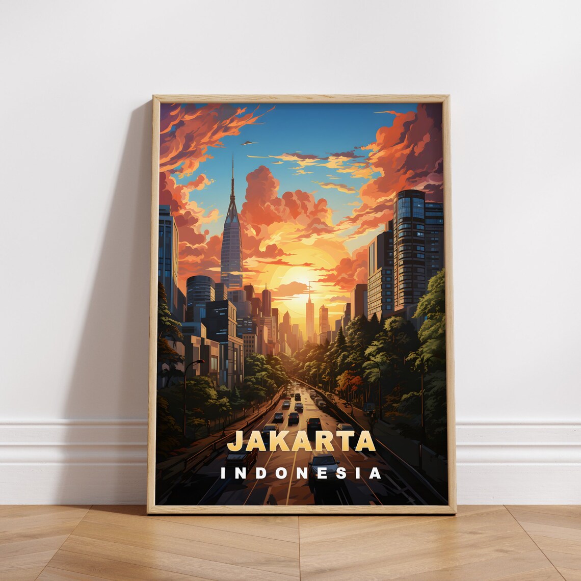 Jakarta Indonesia Sunset Skyline City Street Vintage Travel Poster