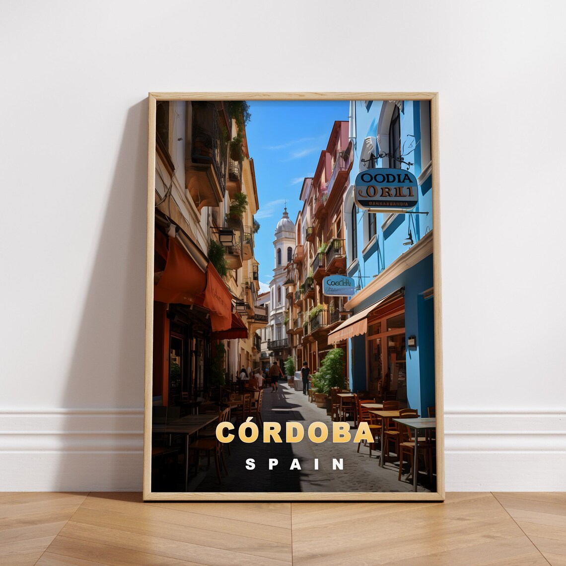 Cordoba Spain Old Town Cafe Street Church Dome Retro Travel Poster