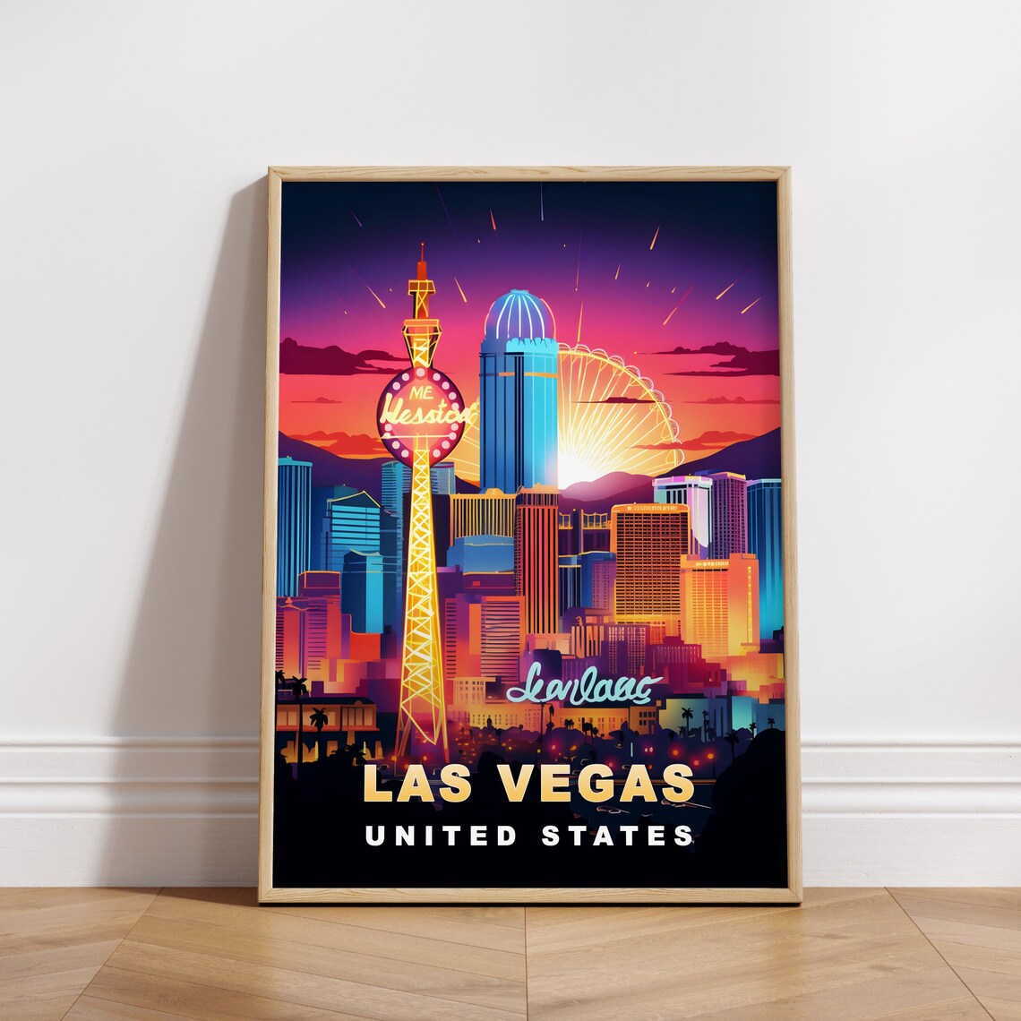 Las Vegas United States Neon Night City Skyline Travel Poster