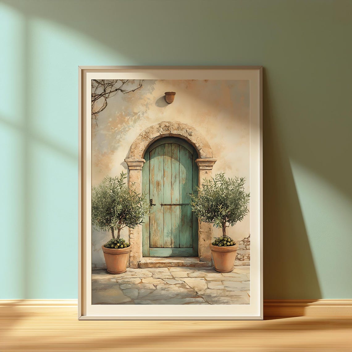 Rustic Mediterranean Teal Door With Potted Olive Trees Sunlit Poster