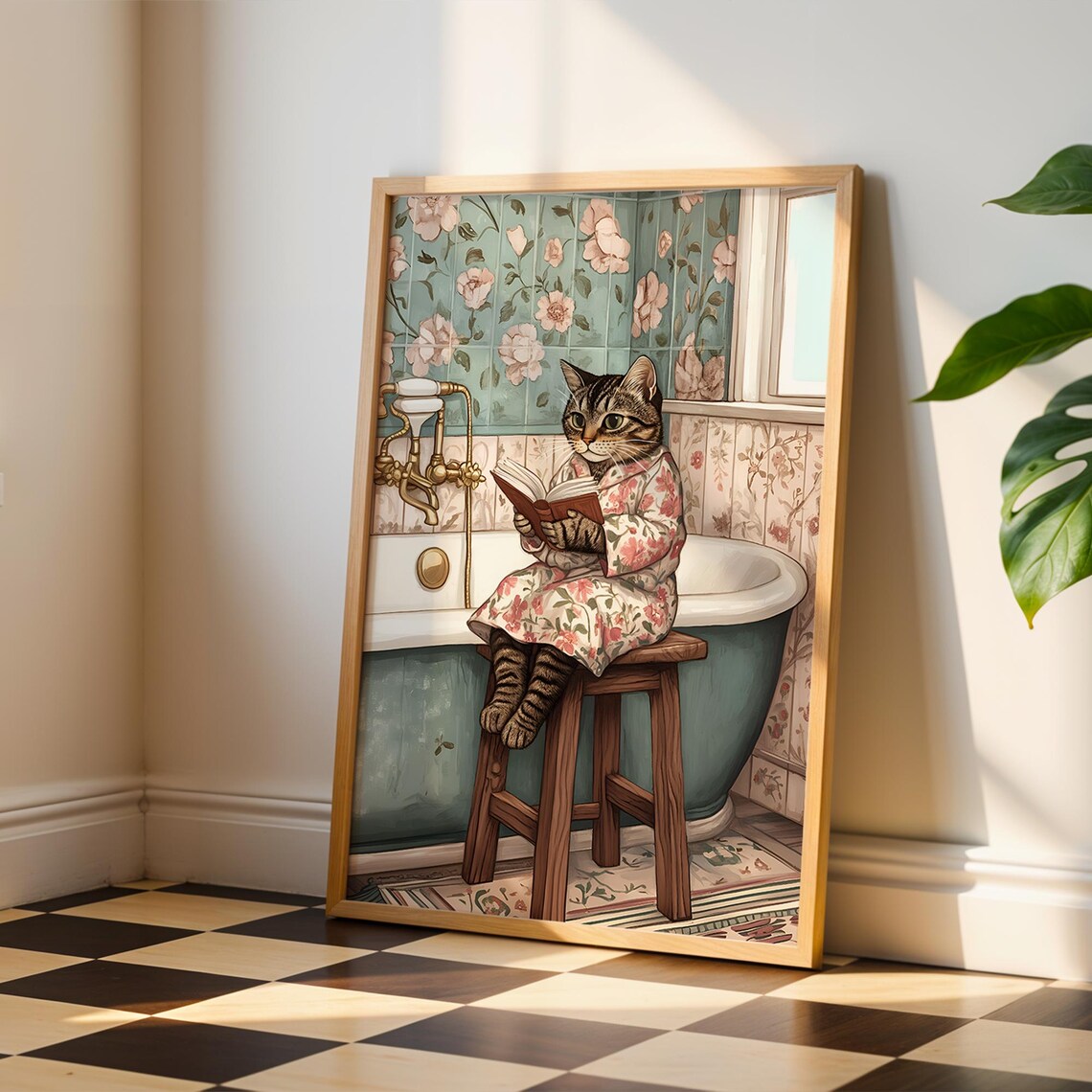 Cat Reading Book In Floral Robe Vintage Bathroom Tabby Art Poster