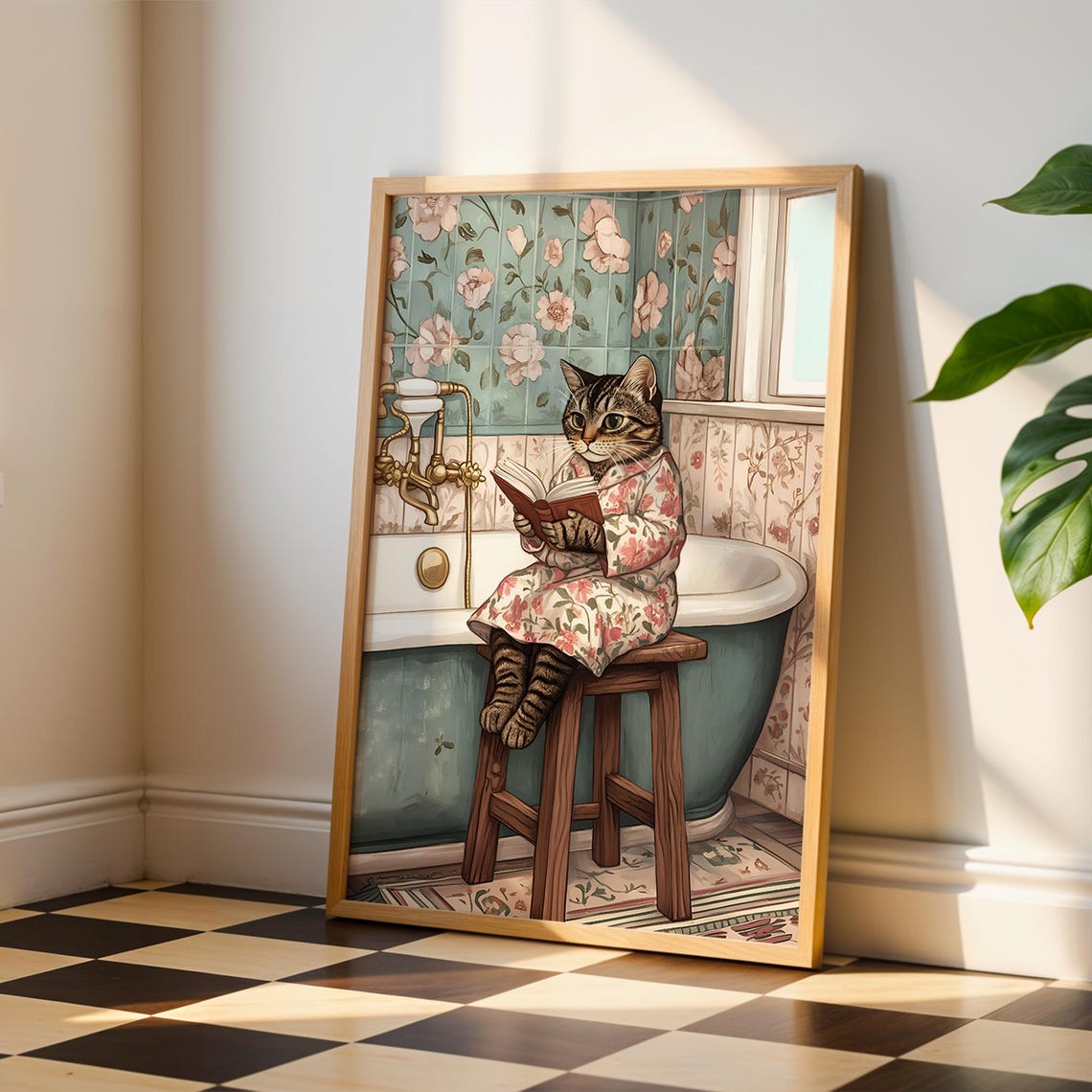 Vintage Cat Bathroom Art Print Funny Floral Decor