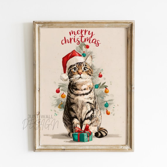 Merry Christmas Sweet Tabby Cat Santa Hat Gift Vintage Poster
