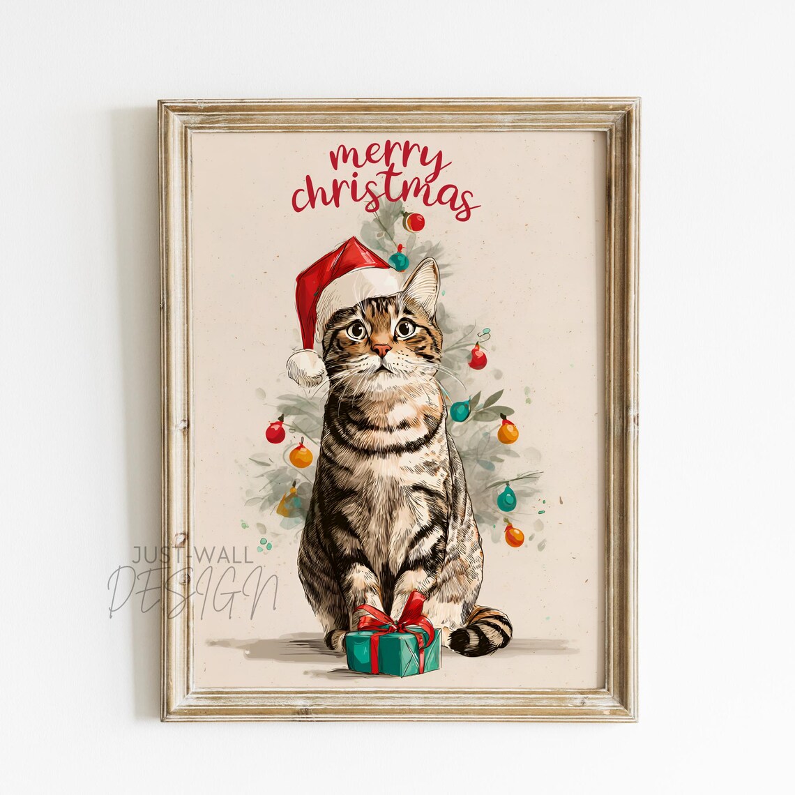 Merry Christmas Sweet Tabby Cat Santa Hat Gift Vintage Poster