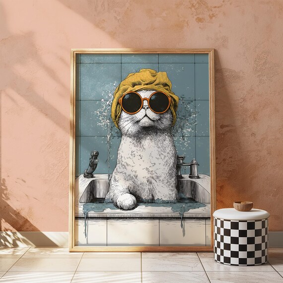 White Cat in Yellow Shower Cap and Sunglasses in a Sink Poster