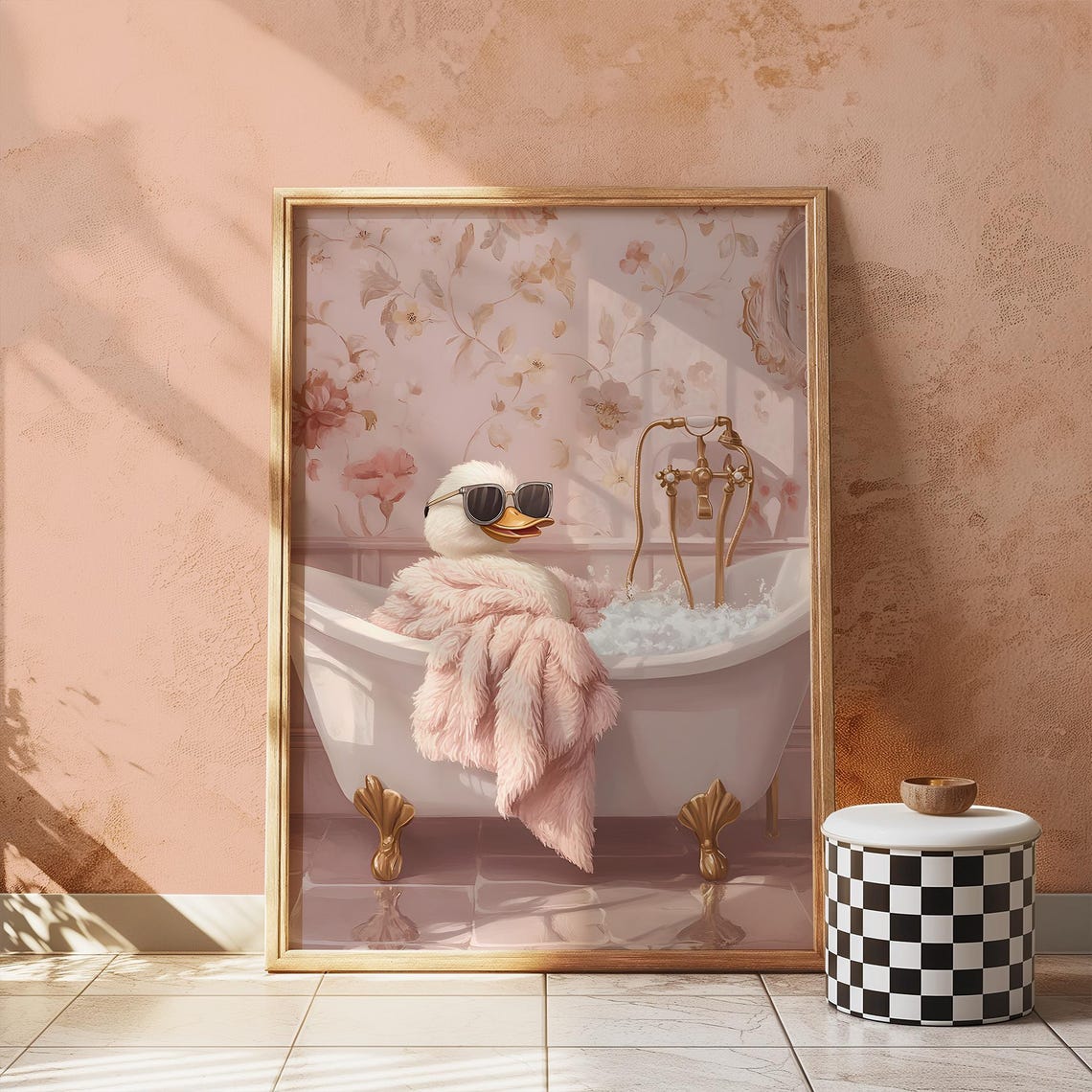 Duck with Sunglasses in Bubble Bath Pink Robe Funny Wall Poster