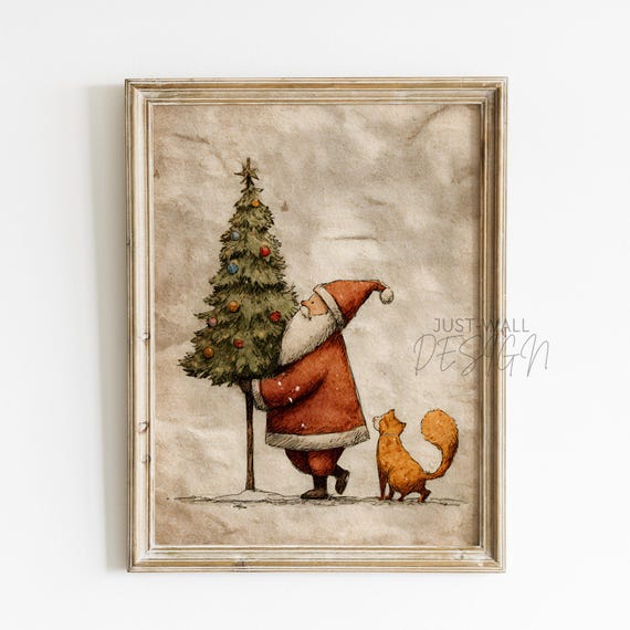 Santa Hugging Christmas Tree with Cat Vintage Holiday Poster