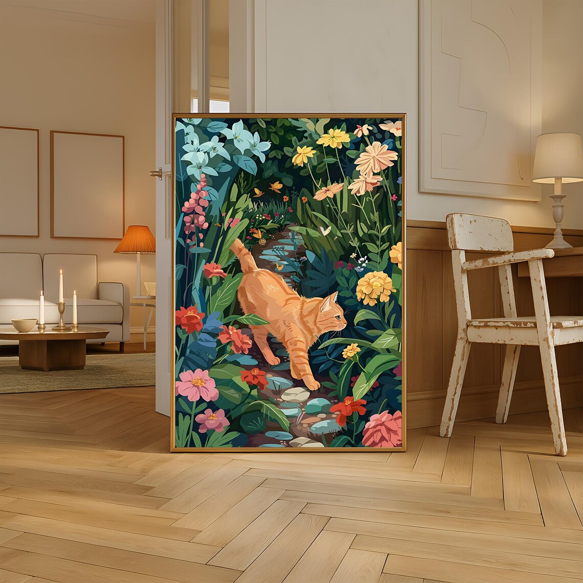 Orange Cat Wandering Through a Colorful Flower Garden Illustrative Poster