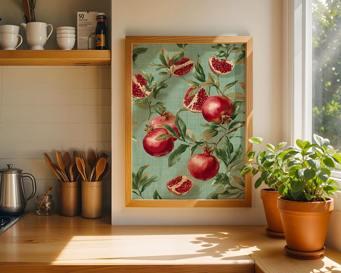 Ripe Pomegranate Branch Botanical Pattern on Mint Green Art Poster