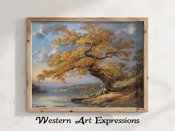 Golden Autumn Tree Glowing Foliage Calm Lake Vintage Painting Poster