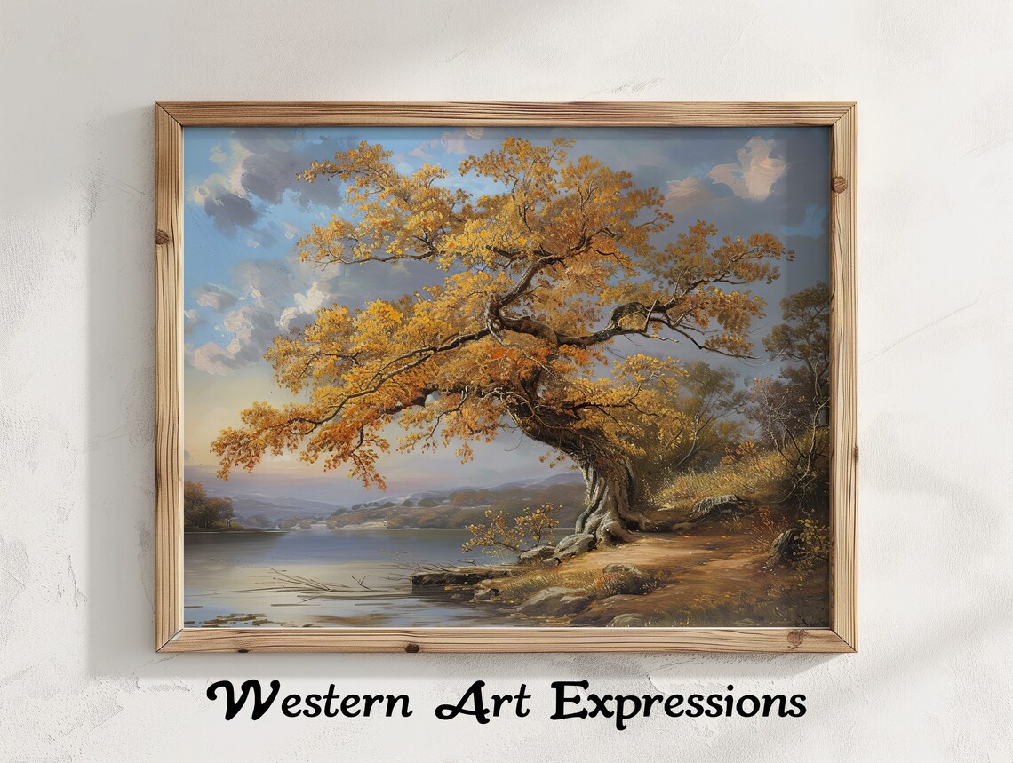 Golden Autumn Tree Glowing Foliage Calm Lake Vintage Painting Poster