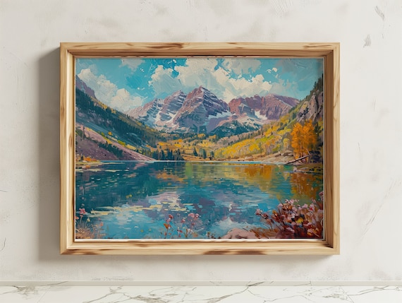 Maroon Bells Colorado Alpine Lake Mountain Oil Painting Poster