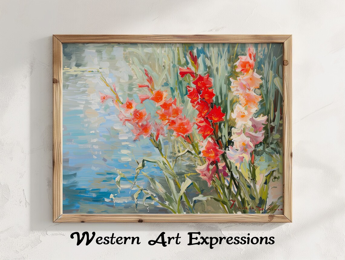 Gladiolus by the Lake Impressionist Floral Garden Painting Print