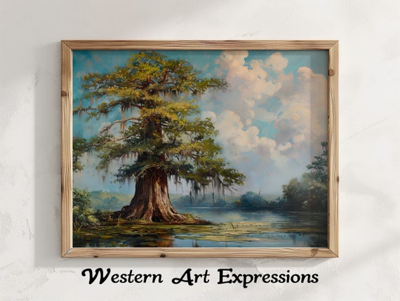 Bald Cypress Tree Vintage Painting Landscape Wall Art Classic Nature Scene Decor Rustic Artwork For Home Office