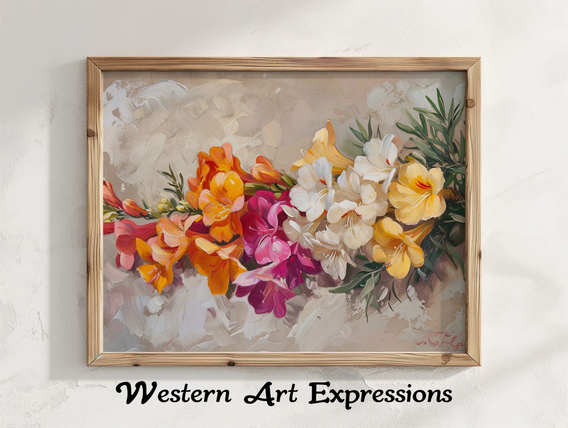 Freesias In Bloom Spring Artwork Floral Canvas Art Colorful Flower Wall Decor Botanical Painting Print Modern Home