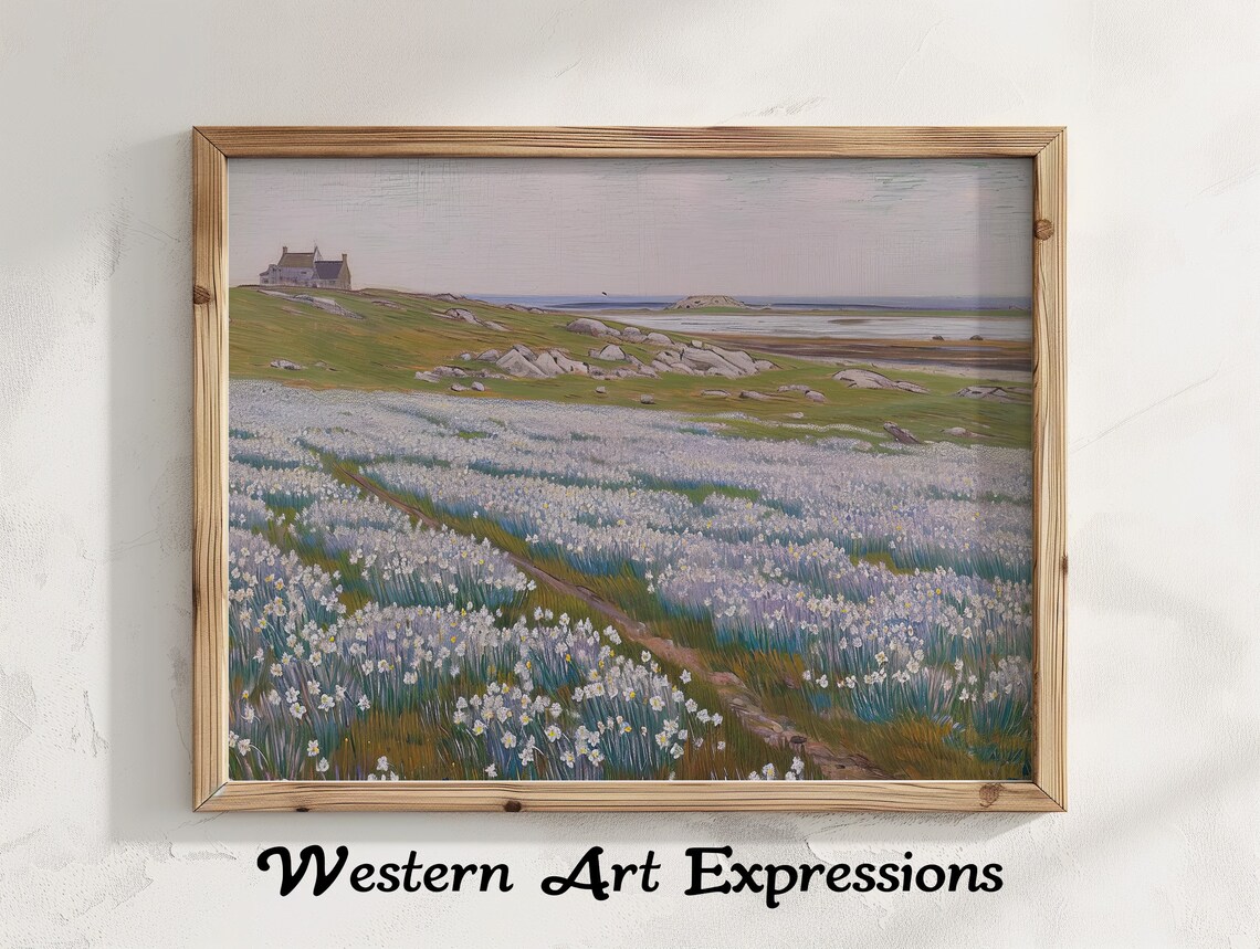 Coastal Wildflower Field Vintage Landscape with Stone House Poster