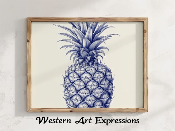 Pineapple Illustration Blue Print Wall Art Tropical Fruit Botanical Kitchen Decor Exotic Home Decoration