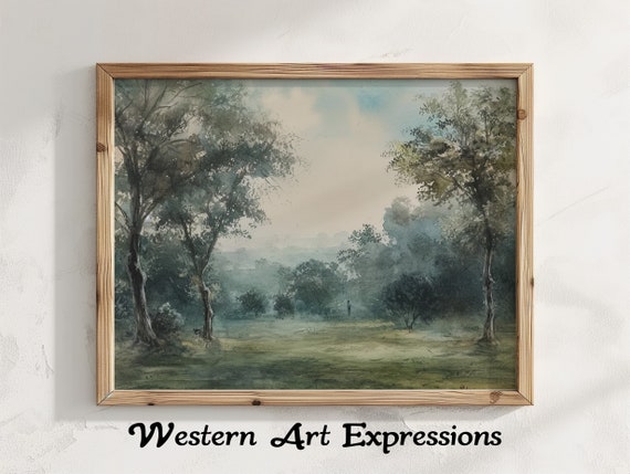 Man In Forest Country Landscape Painting Vintage Watercolor Print Rustic Nature Wall Art Countryside Decor