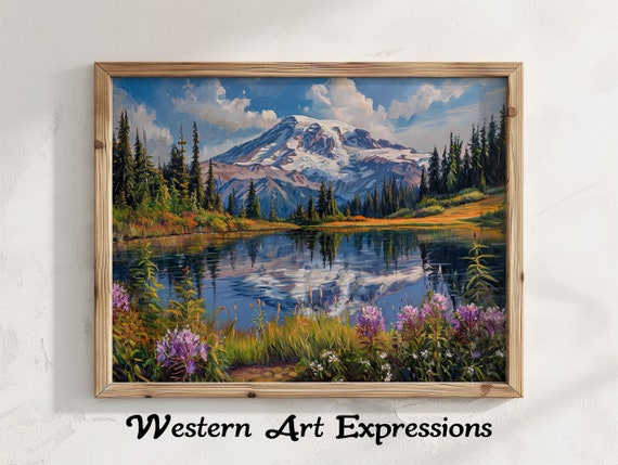 Reflection Lake Mt Rainer Wildflowers Oil Painting Print Rustic Decor Landscape Wall Art