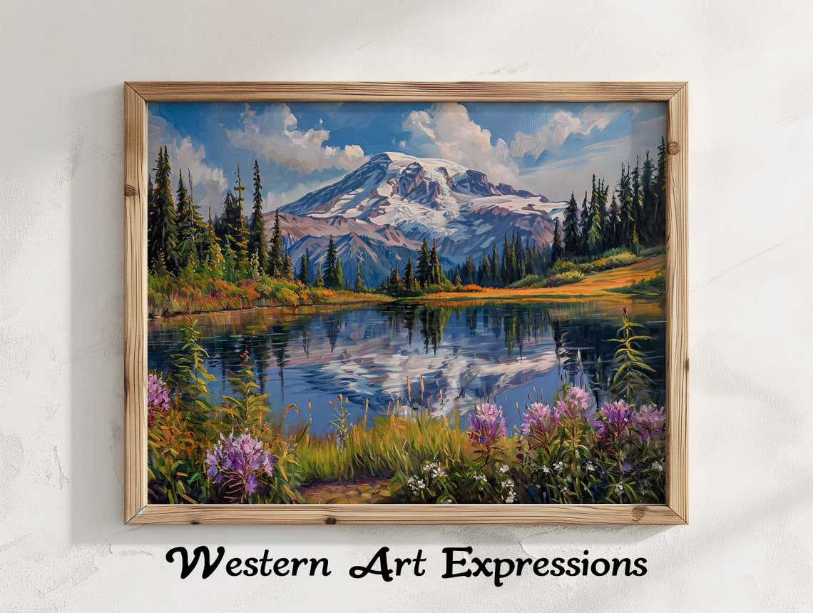 Snowy Mountain Lake Reflection Wildflower Meadow Scenic Poster