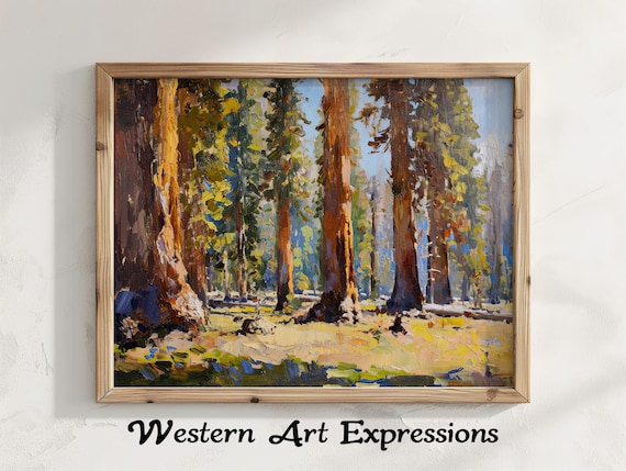 Sequoia Forest Sunlit Redwood Trees Impressionist Nature Poster