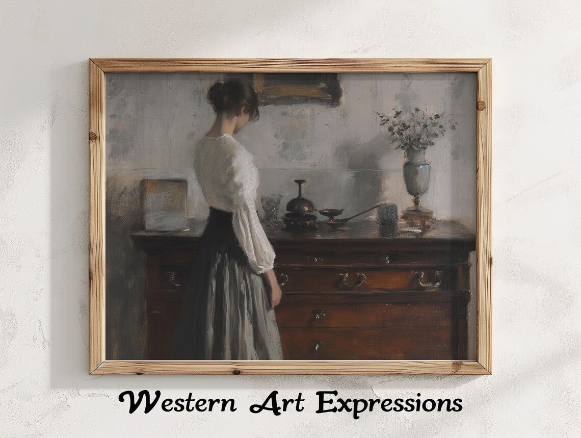 Woman Beside Antique Dresser Vintage Interior Painting Poster