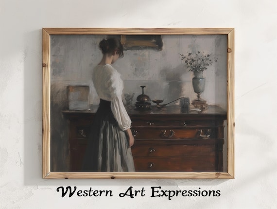 Woman Beside Antique Dresser Vintage Interior Painting Poster
