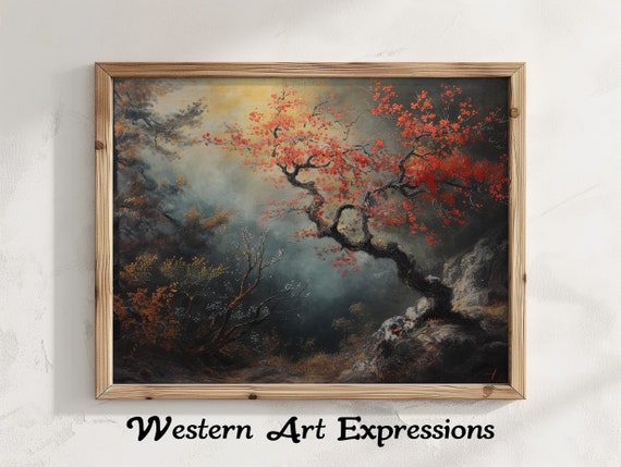 Moody Vintage Painting Sweetgum Tree Autumn Forest Canvas Art Red Leaves Nature Wall Decor Rustic Home Decoration