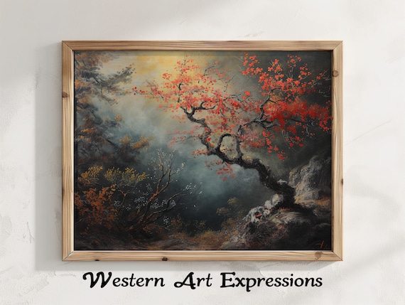 Sweetgum Tree in Autumn Misty Forest Moody Nature Painting Poster