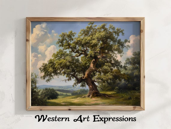 Black Walnut Tree Antique Painting Rustic Landscape Vintage Nature Scenery Countryside Home Decor Style Artwork
