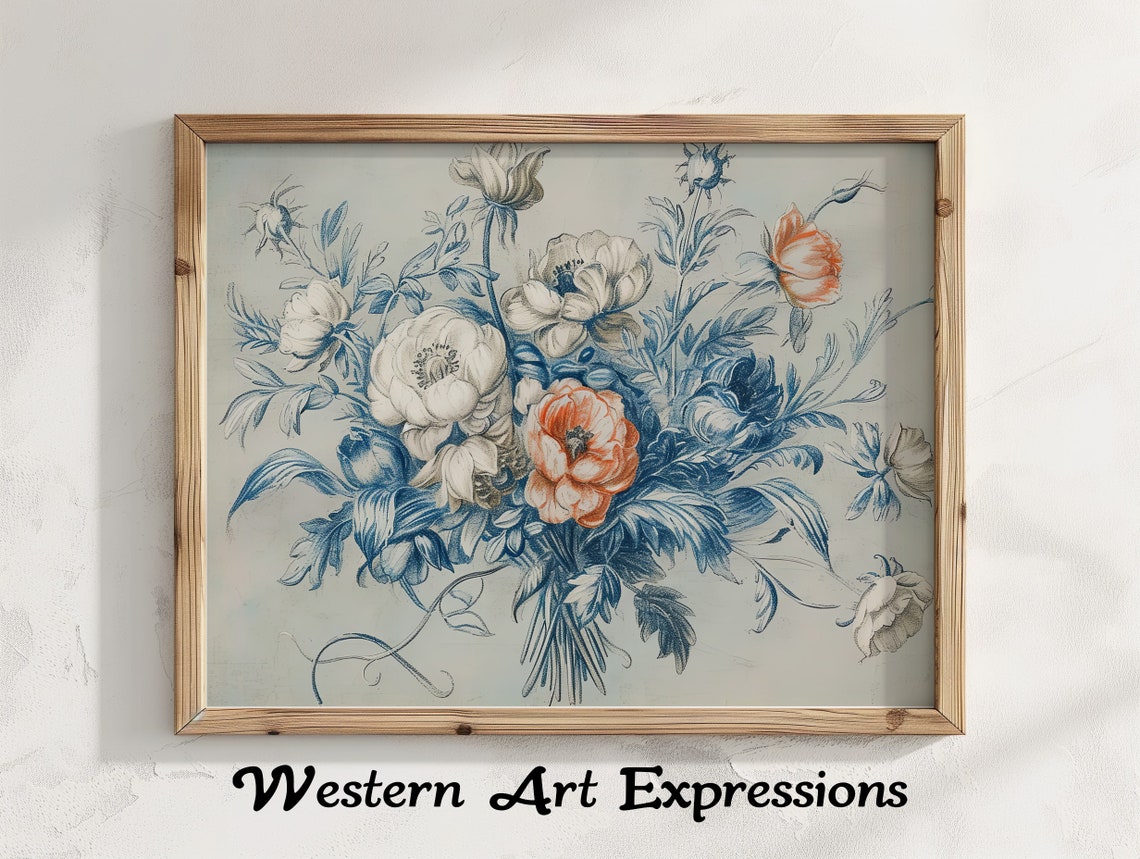 Classic Floral Arrangement Blue And White Vintage Wall Art Botanical Print Elegant Orange Flowers